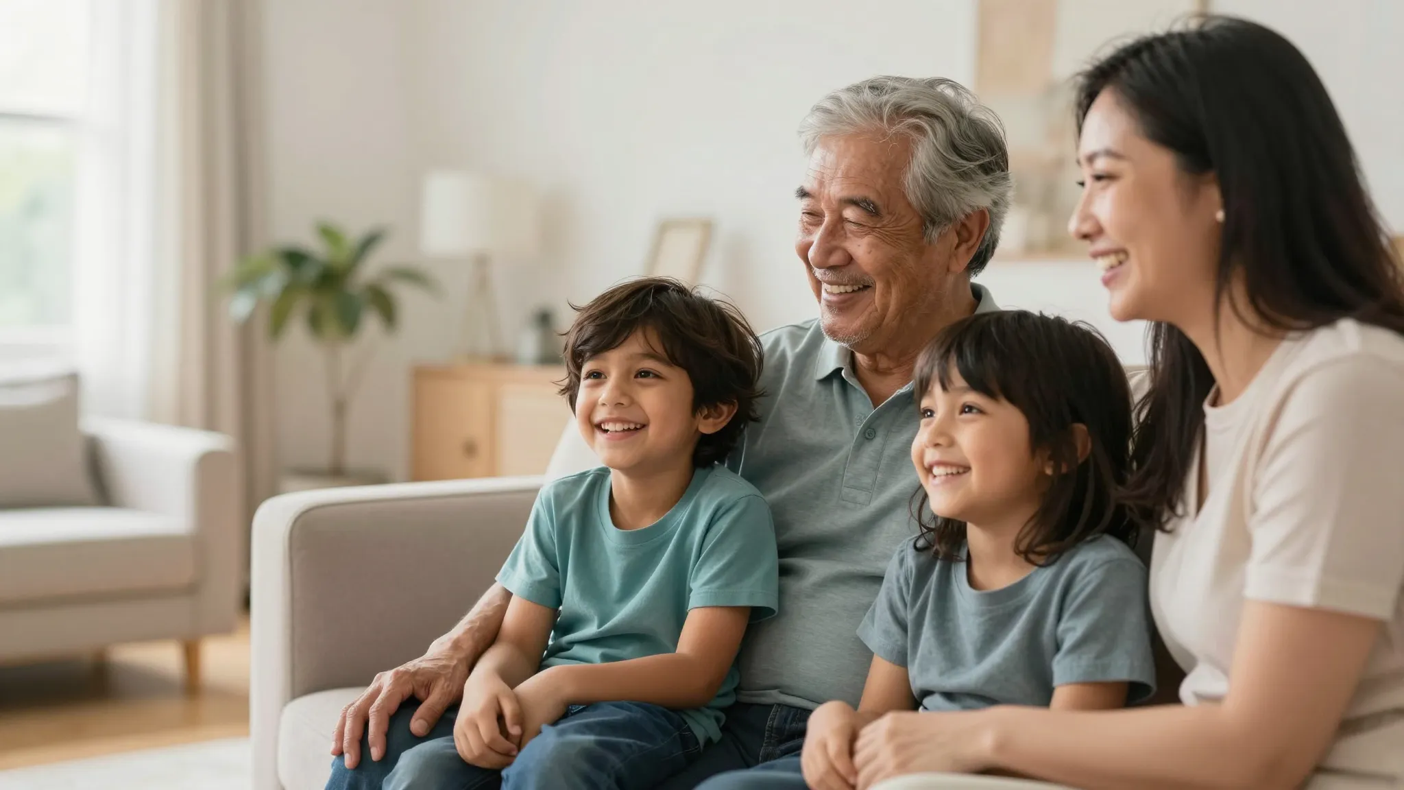 A happy multigenerational family together at home in Canada